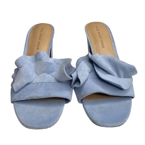new Who What Wear ꧁ Zadie Ruffled Mule Heels Slide In Sandals ꧂ Blue Vegan Suede - Picture 15 of 16